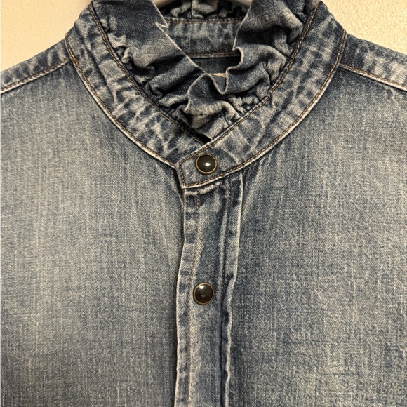 Saint Laurent Long Sleeve Denim Shirt with Ruffled Collar - Picture 3 of 8